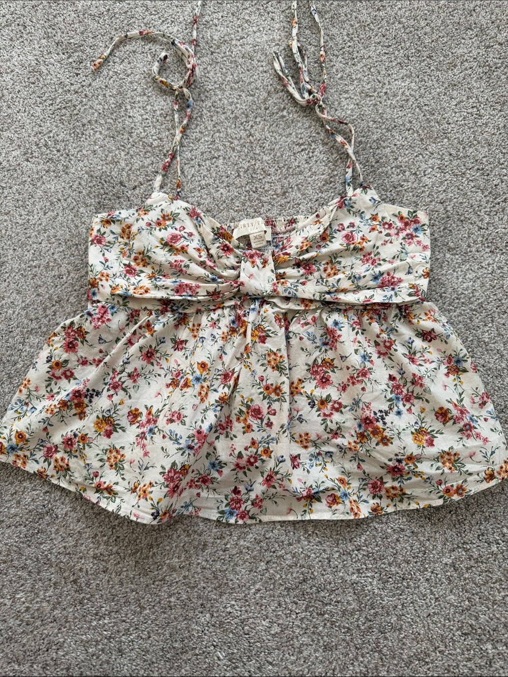 Floral Tie-Front Bow Spaghetti Strap Top - Cream Floral